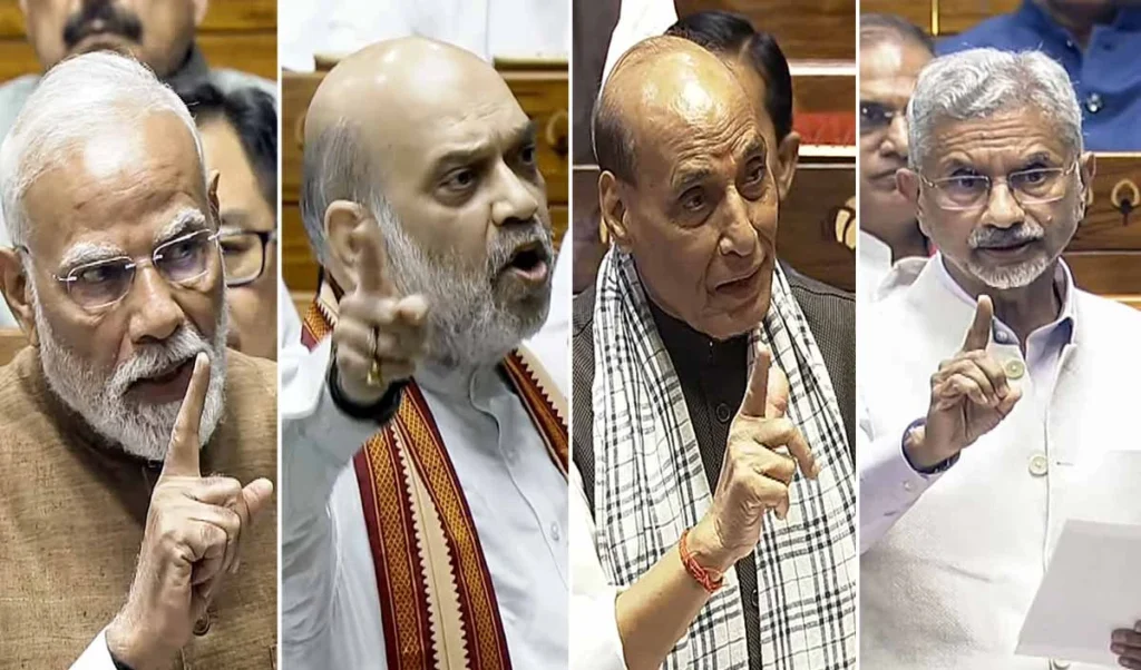 summary of speeches given by pm modi amit shah rajnath singh and jaishankar in parliament