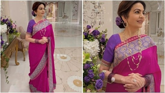 Nita Ambani wows in rani pink silk saree paired with striking three-layered pearl necklace and huge diamond ring. Pics Nita Ambani wows in rani pink silk saree paired with striking three-layered pearl necklace and huge diamond ring. Pics