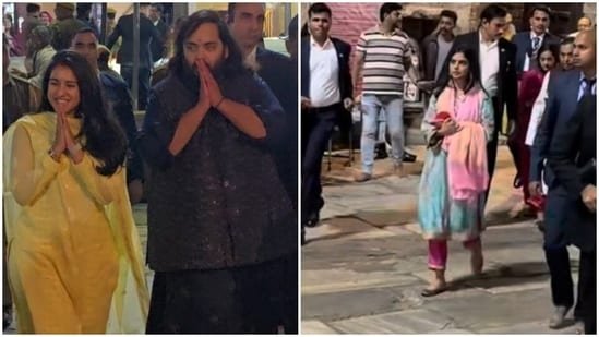 Radhika Merchant, Isha Ambani wear simple cotton suits to visit Udaipur Temple with Mukesh Ambani, Anant Ambani Radhika Merchant, Isha Ambani wear simple cotton suits to visit Udaipur Temple with Mukesh Ambani, Anant Ambani