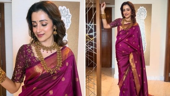 Trisha Krishnan’s temple jewellery with silk saree steals the show at stylist Eka Lakhani’s wedding. See pics Trisha Krishnan’s temple jewellery with silk saree steals the show at stylist Eka Lakhani’s wedding. See pics