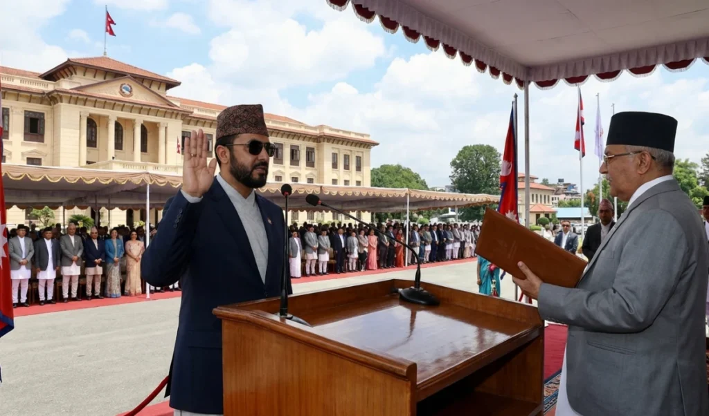 balen shahs took oath as pm wearing sunglasses amid conch shell blowing and chanting