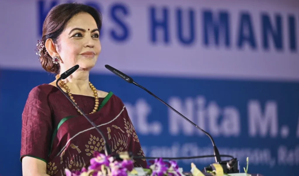 nita ambani in quiet luxury style maroon silk saree steals spotlight kiss humanitarian awards