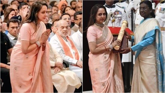 Hema Malini’s blush pink saree for receiving Dharmendra’s Padma Vibhushan is all about elegance and simplicity. See pics Hema Malini’s blush pink saree for receiving Dharmendra’s Padma Vibhushan is all about elegance and simplicity. See pics