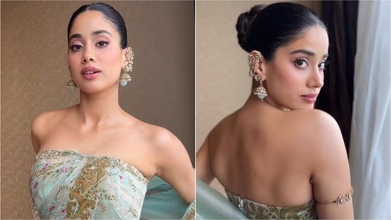 Janhvi Kapoor gives traditional Banarasi weave a modern twist in dreamy strapless gown and matching dupatta. Watch Janhvi Kapoor gives traditional Banarasi weave a modern twist in dreamy strapless gown and matching dupatta. Watch