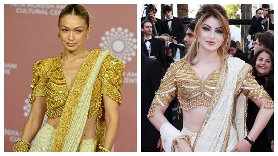Urvashi Rautela brings another ‘gandi copy’ to Cannes, wears look similar to Gigi Hadid’s golden saree from NMACC 2023 Urvashi Rautela brings another ‘gandi copy’ to Cannes, wears look similar to Gigi Hadid’s golden saree from NMACC 2023