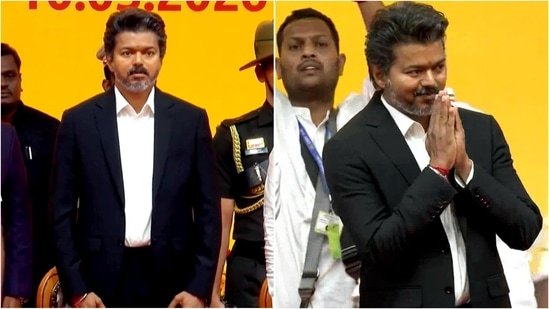 Vijay skips traditional shirt-veshti and opts for a classic black pantsuit at Tamil Nadu Chief Minister oath ceremony Vijay skips traditional shirt-veshti and opts for a classic black pantsuit at Tamil Nadu Chief Minister oath ceremony