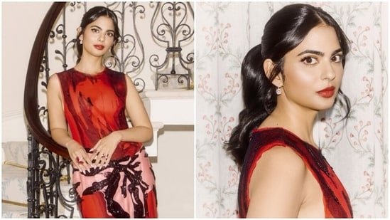 Isha Ambani in vibrant red dress paired with mom Nita Ambani’s jewels serves bling with a side of elegance at event Isha Ambani in vibrant red dress paired with mom Nita Ambani’s jewels serves bling with a side of elegance at event