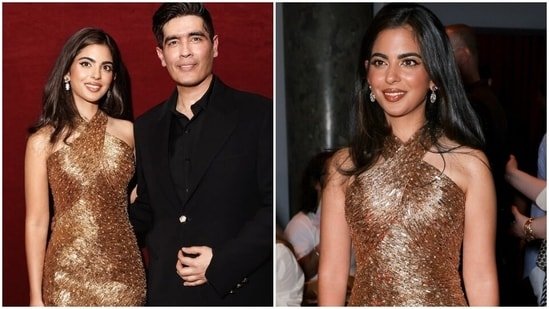 Isha Ambani wows at Manish Malhotra’s Paris Couture Week debut in handmade gold dress, Nita Ambani’s jewellery Isha Ambani wows at Manish Malhotra’s Paris Couture Week debut in handmade gold dress, Nita Ambani’s jewellery