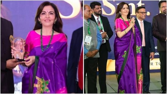 Nita Ambani proves contrasting pink and purple are a match made in fashion heaven with her stunning silk saree look Nita Ambani proves contrasting pink and purple are a match made in fashion heaven with her stunning silk saree look