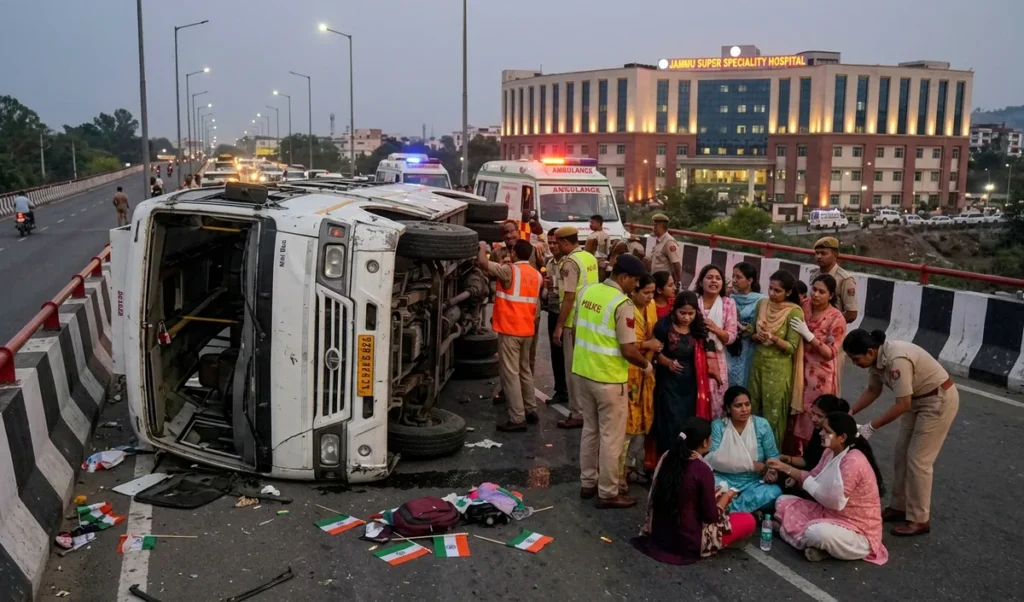 Jammu में Tiranga Yatra से लौट रही मिनी बस पलटी, 28 युवतियां घायल हुईं Jammu में Tiranga Yatra से लौट रही मिनी बस पलटी, 28 युवतियां घायल हुईं