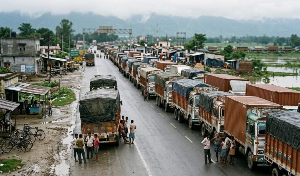 Nepal Flood से भारत-नेपाल व्यापार प्रभावित, Sonauli Border पर 16 किमी तक ट्रकों की कतार Nepal Flood से भारत-नेपाल व्यापार प्रभावित, Sonauli Border पर 16 किमी तक ट्रकों की कतार