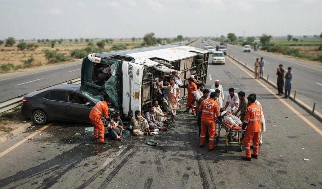 Pakistan में M2 Motorway के पास बस दुर्घटना, 13 लोग घायल और बुनियादी ढांचे पर सवाल Pakistan में M2 Motorway के पास बस दुर्घटना, 13 लोग घायल और बुनियादी ढांचे पर सवाल