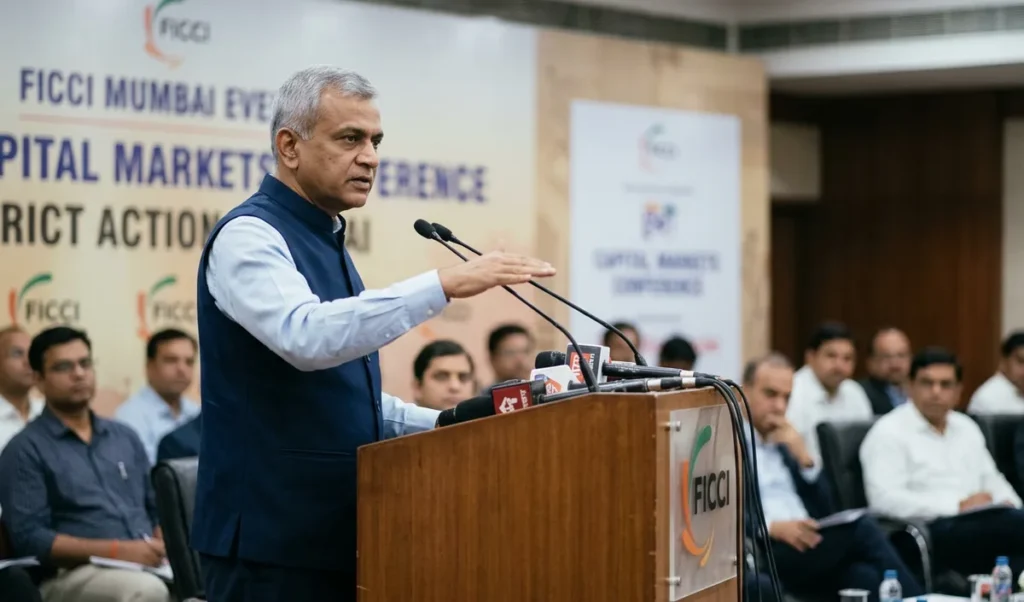 SEBI प्रमुख तुहिन कांत पांडेय ने मुंबई में CAS में हेरफेर करने वालों को सख्त कार्रवाई की चेतावनी दी। SEBI प्रमुख तुहिन कांत पांडेय ने मुंबई में CAS में हेरफेर करने वालों को सख्त कार्रवाई की चेतावनी दी।