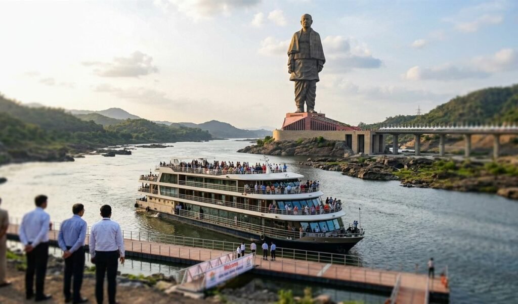 Statue of Unity के पास नर्मदा नदी में उतरा 600 यात्रियों वाला क्रूज Statue of Unity के पास नर्मदा नदी में उतरा 600 यात्रियों वाला क्रूज