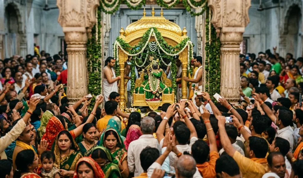 Vrindavan में Hariyali Teej पर स्वर्ण हिंडोले में विराजे बांके बिहारी, उमड़ी भारी भीड़ Vrindavan में Hariyali Teej पर स्वर्ण हिंडोले में विराजे बांके बिहारी, उमड़ी भारी भीड़