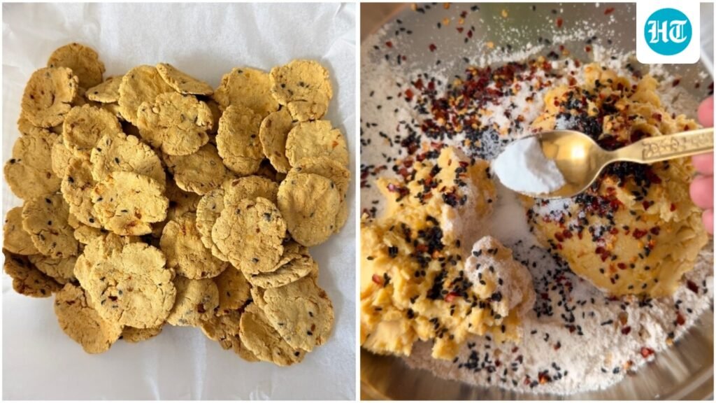 Want a healthy and crispy snack? Try this air-fried chickpea matri recipe packed with oats, poha and kalonji seeds