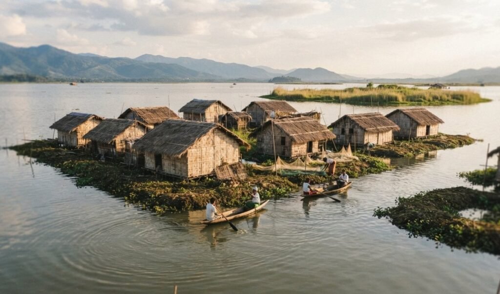 Manipur के Loktak Lake पर बसा Floating Village Champu Khangpok पानी पर तैरता है Manipur के Loktak Lake पर बसा Floating Village Champu Khangpok पानी पर तैरता है