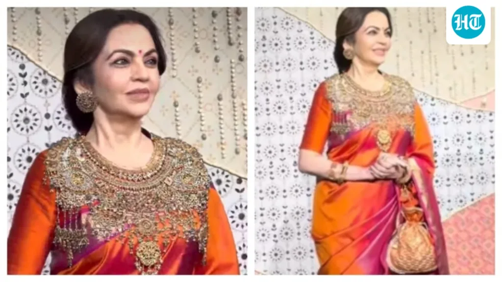Nita Ambani dazzles in oversized statement necklace and vibrant silk saree at Antilia Cha Raja Nita Ambani dazzles in oversized statement necklace and vibrant silk saree at Antilia Cha Raja