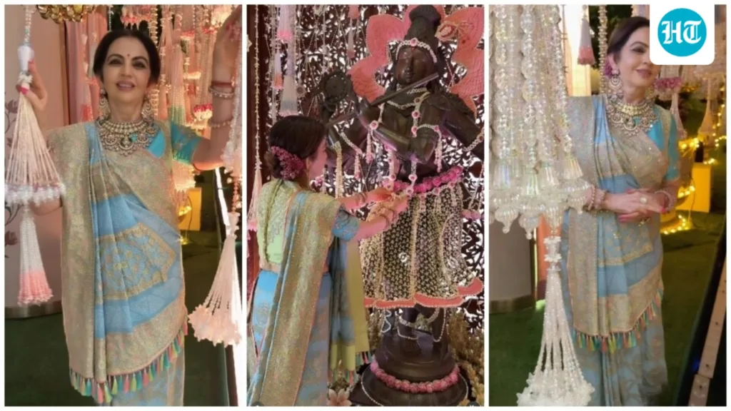 Nita Ambani glitters in diamond jewels and traditional saree during Krishna Janmashtami celebrations. Watch