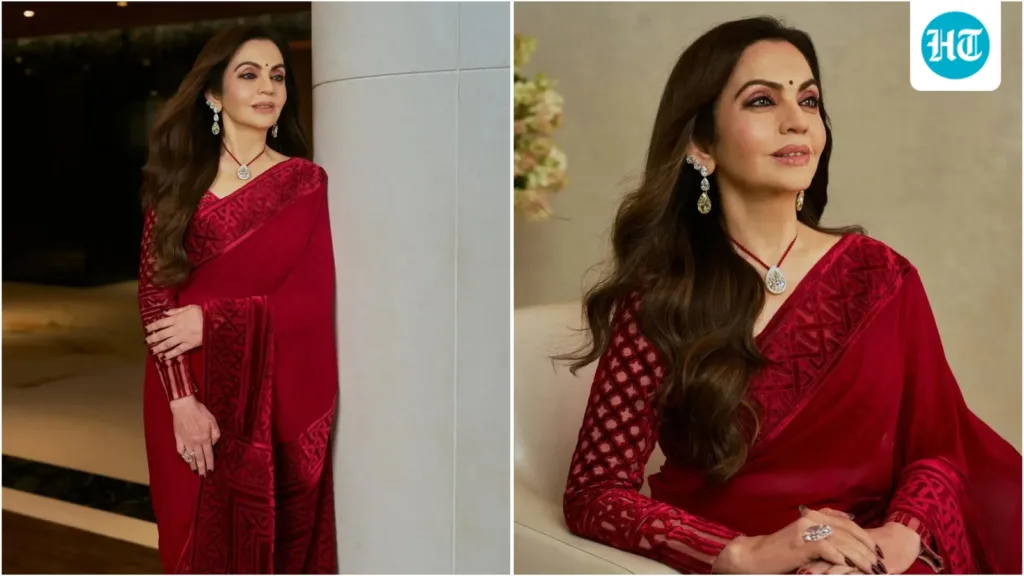 Nita Ambani steals the spotlight in stunning crimson saree at Abu Jani Sandeep Khosla’s 40th anniversary celebration