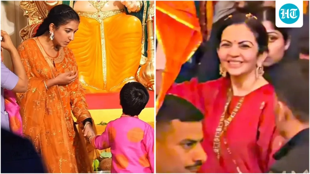 Nita Ambani stuns in red, Radhika Merchant shines in orange as Ambanis welcome ‘Antilia Cha Raja’ on Ganesh Chaturthi