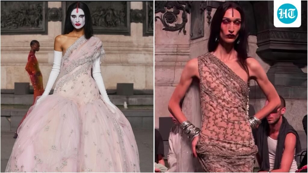 Red sindoor, white-painted faces, sari gown: Internet calls designers’ bizarre Paris Fashion Week show ‘chudail couture’