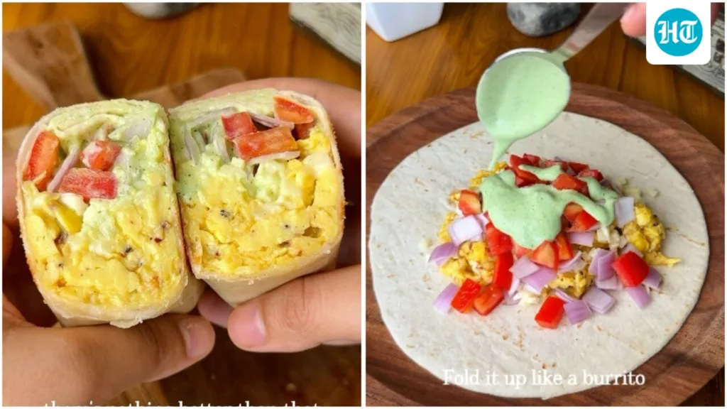 Spice up your mornings with this cheesy scrambled eggs breakfast burrito packed with crunchy veggies and yoghurt sauce Spice up your mornings with this cheesy scrambled eggs breakfast burrito packed with crunchy veggies and yoghurt sauce