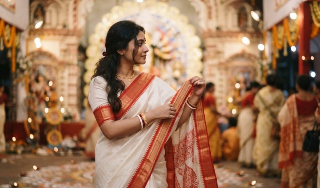 Durga Puja पर पहनें Baluchari और Garad Saree, Navratri में मिलेगा रॉयल फेस्टिव Look Durga Puja पर पहनें Baluchari और Garad Saree, Navratri में मिलेगा रॉयल फेस्टिव Look
