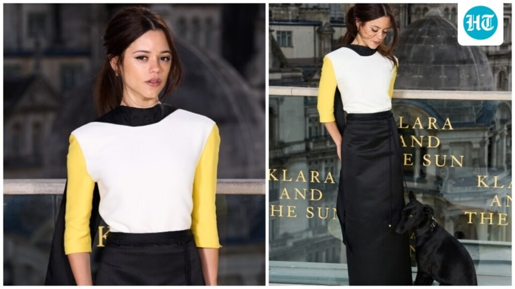 Jenna Ortega twins with her dog Twigs at the London photocall for Klara and the Sun in a Calvin Klein look. Watch video