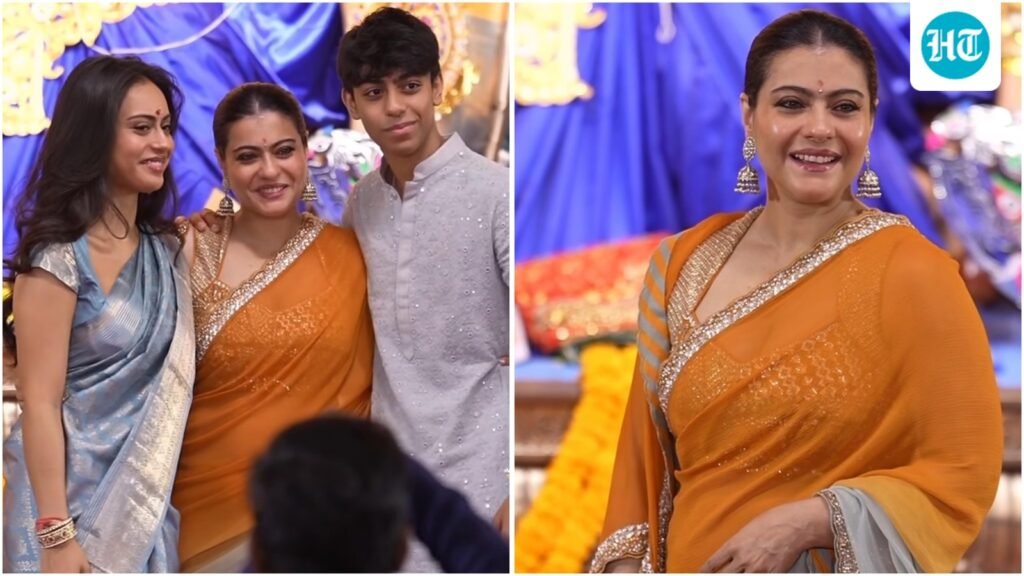 Kajol stuns in elegant orange saree as she celebrates Durga Puja Shashti with children Nysa and Yug Devgan at Mumbai pandal. Watch