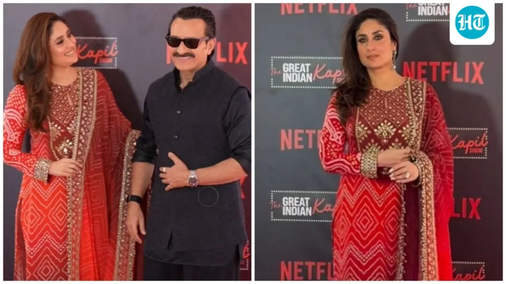 Kareena Kapoor wears red Bandhani suit by Arpita Mehta as Saif Ali Khan opts for regal black for The Great Indian Kapil Sharma Show Kareena Kapoor wears red Bandhani suit by Arpita Mehta as Saif Ali Khan opts for regal black for The Great Indian Kapil Sharma Show