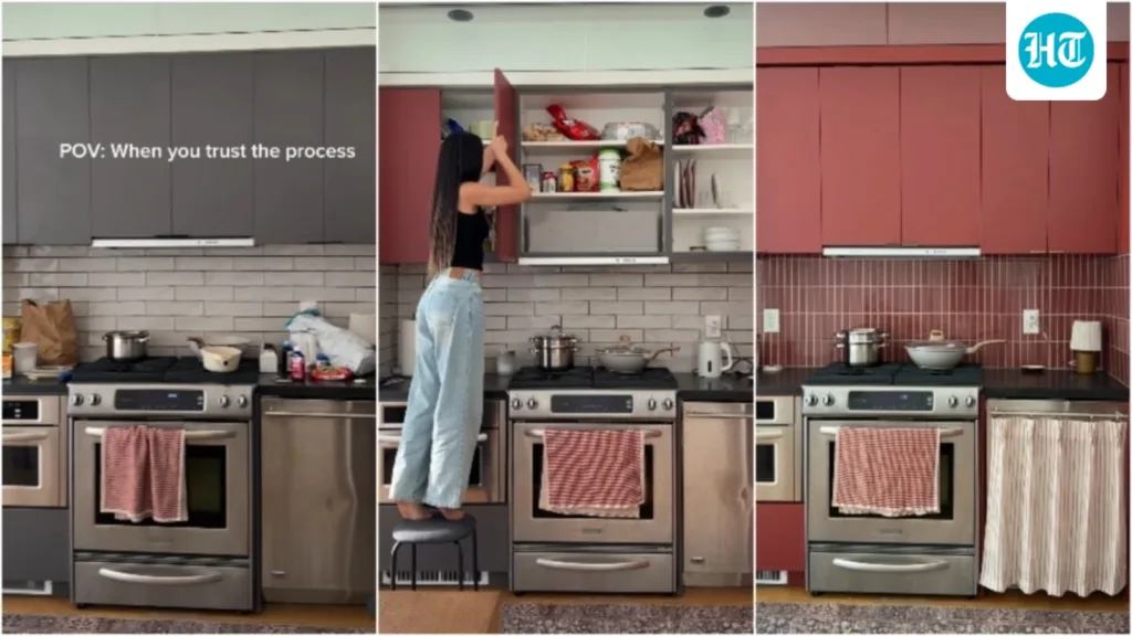 Looking for rental-friendly hacks? Watch boring grey kitchen get unbelievable burgundy makeover using peel-and-stick tiles and vinyl wrap