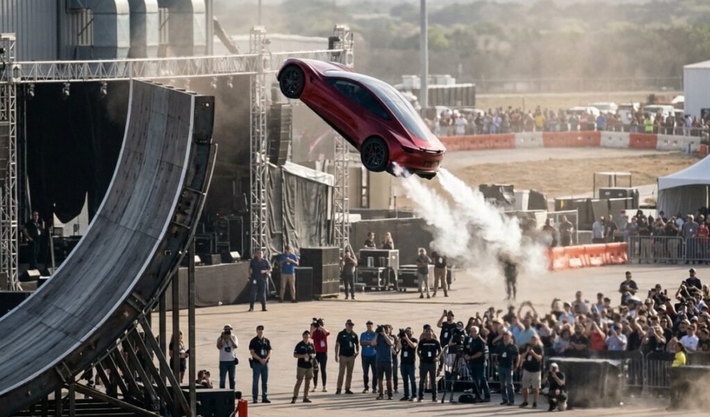 elon musk unveils flying tesla roadster with spacex technology at texas facility