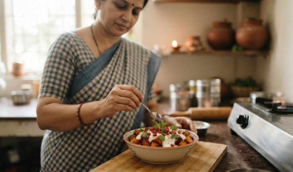 sweet potato chaat recipe with curd and pomegranate for navratri fasting